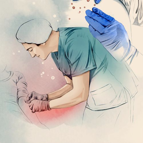 Doctor examining mole on patient's back with gloved hands