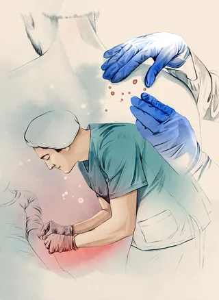 Doctor examining mole on patient's back with gloved hands