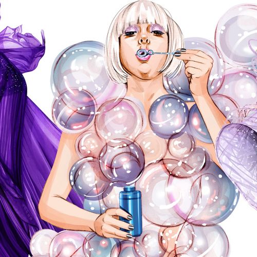 Illustrations of women in stylish dresses and playful bubble designs