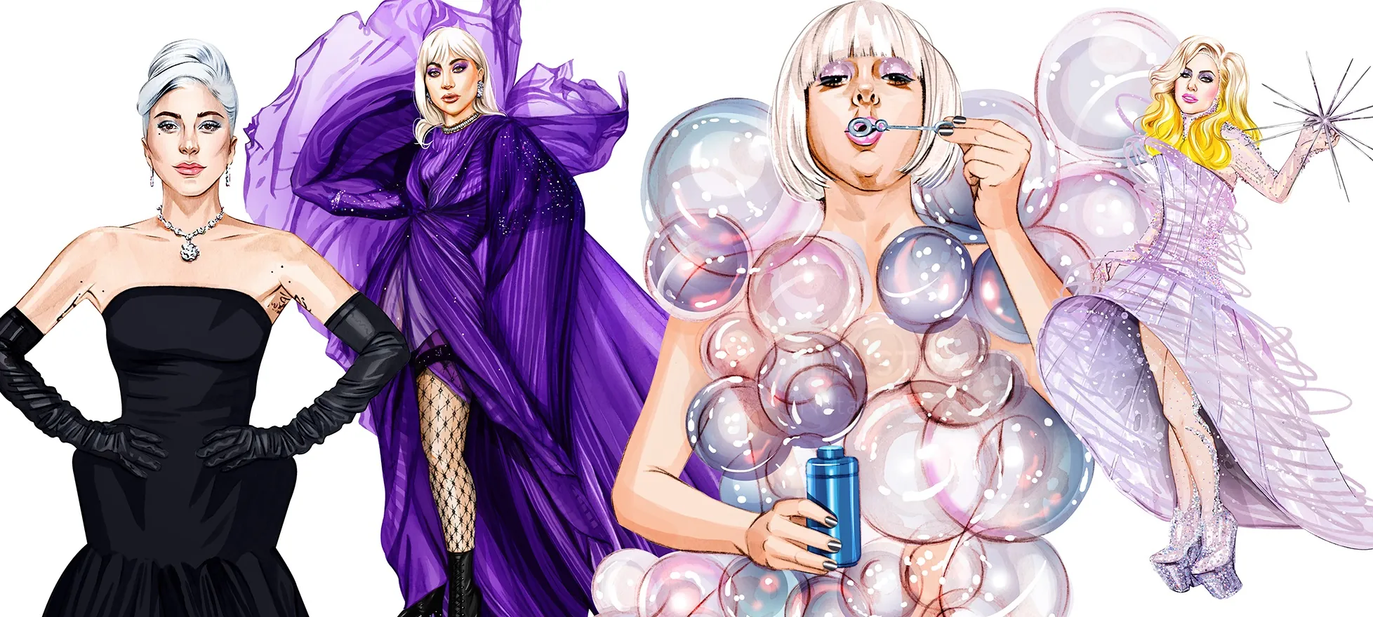 Illustrations of women in stylish dresses and playful bubble designs