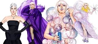 Illustrations of women in stylish dresses and playful bubble designs
