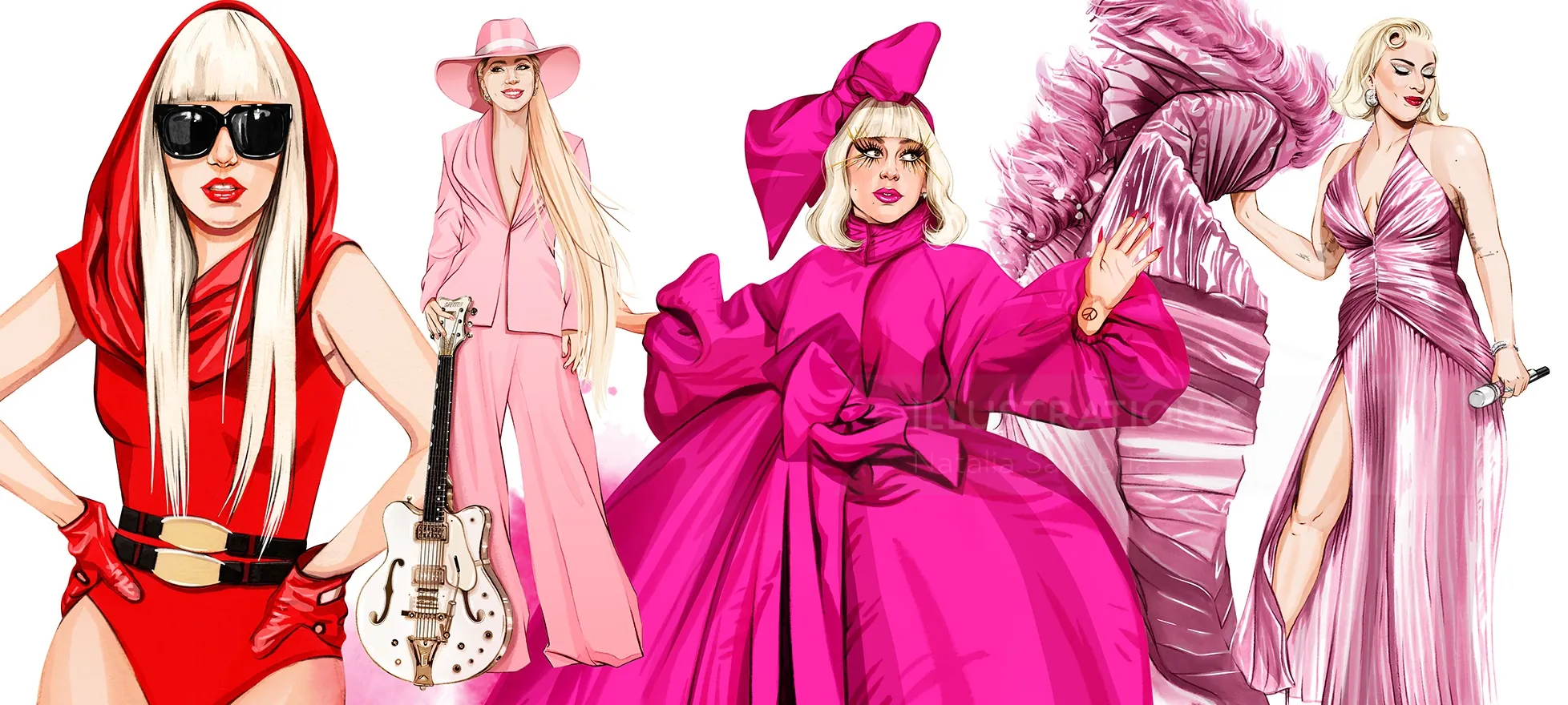 Four women modeling vibrant pink and red fashion outfits