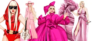 Four women modeling vibrant pink and red fashion outfits