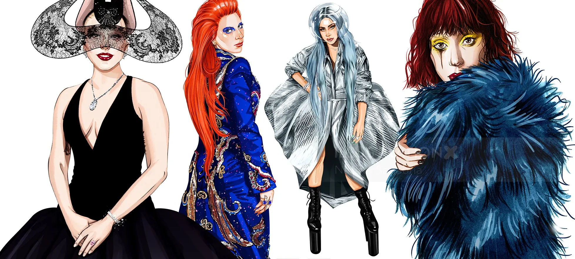 Four women in high-fashion outfits and dramatic poses illustration
