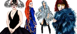 Four women in high-fashion outfits and dramatic poses illustration