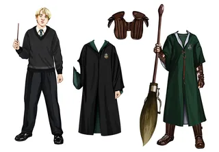 Harry Potter paper doll with cloak, broom, and accessories