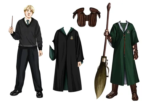 Harry Potter paper doll with cloak, broom, and accessories