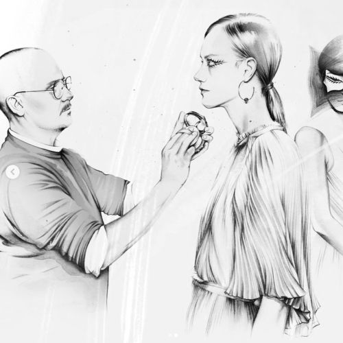 Designer adjusting clothing on female model in sketch style