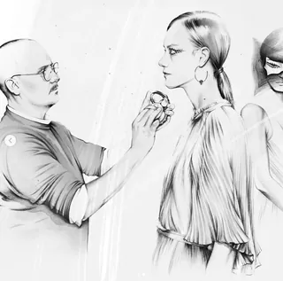 Designer adjusting clothing on female model in sketch style
