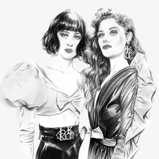 Fashion illustration of two women, one with short hair and puffed sleeves, the other with long wavy 
