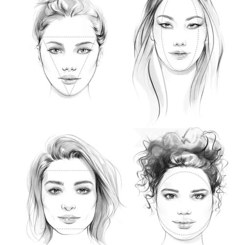 Sketches of four different female faces with varied hairstyles in pencil drawing