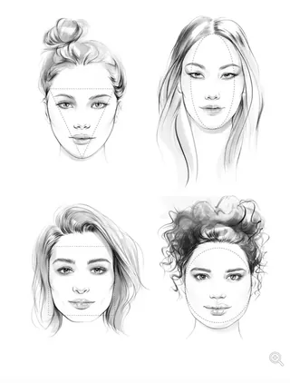 Sketches of four different female faces with varied hairstyles in pencil drawing