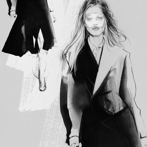 Black and white fashion illustration of two models in coats