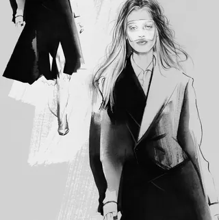 Black and white fashion illustration of two models in coats