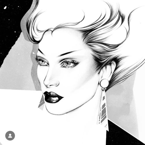 Monochrome sketch of woman with stylized hair and geometric earrings