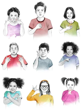 Nine children showing various American Sign Language signs