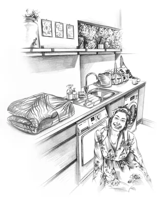 Woman sitting near washing machine with folded clothes on counter