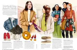 Six women modeling cozy autumn fashion styles in an illustration.