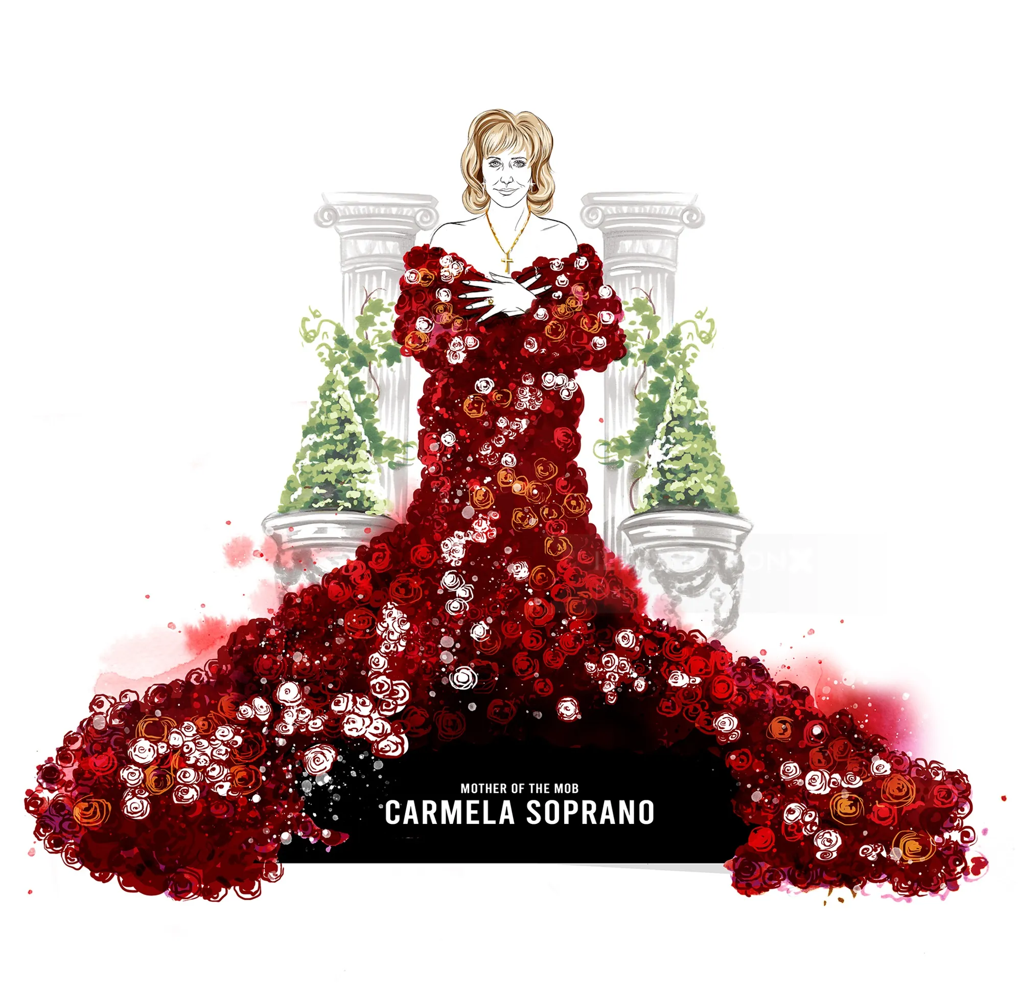 Carmela Soprano wearing a red dress made of flowers