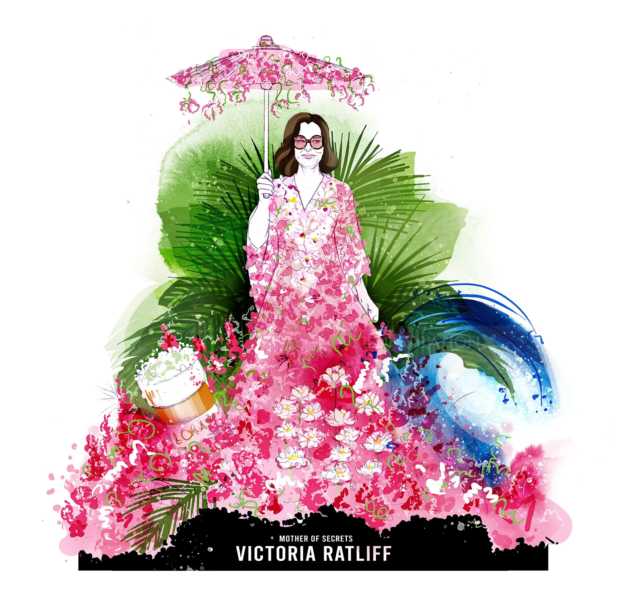 Woman in pink floral dress holding umbrella with tropical leaves background