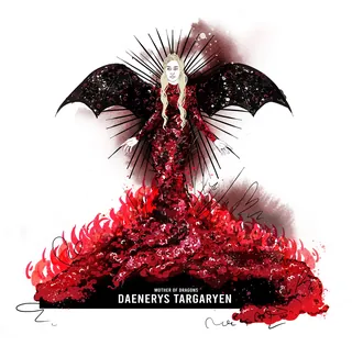 Daenerys Targaryen illustration wearing a red flame dress with dragon wings