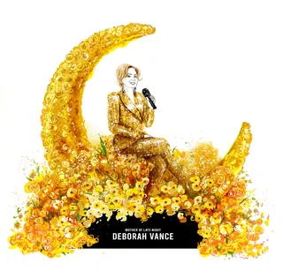 Woman singing on crescent moon with yellow flowers surrounding her