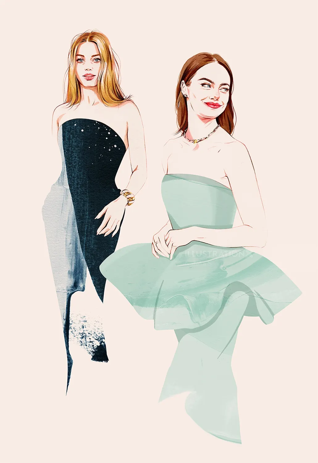 Illustration of movie stars Margot Robbie and Emma Stone by Natalia Sanabria