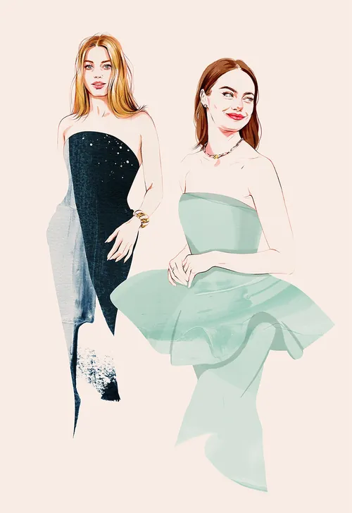 Illustration of movie stars Margot Robbie and Emma Stone by Natalia Sanabria