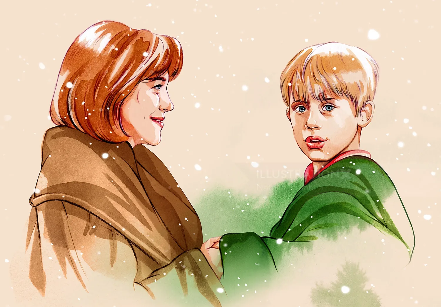 Mother and son embracing in snow with look of concern, Home Alone, Natalia Sanabria