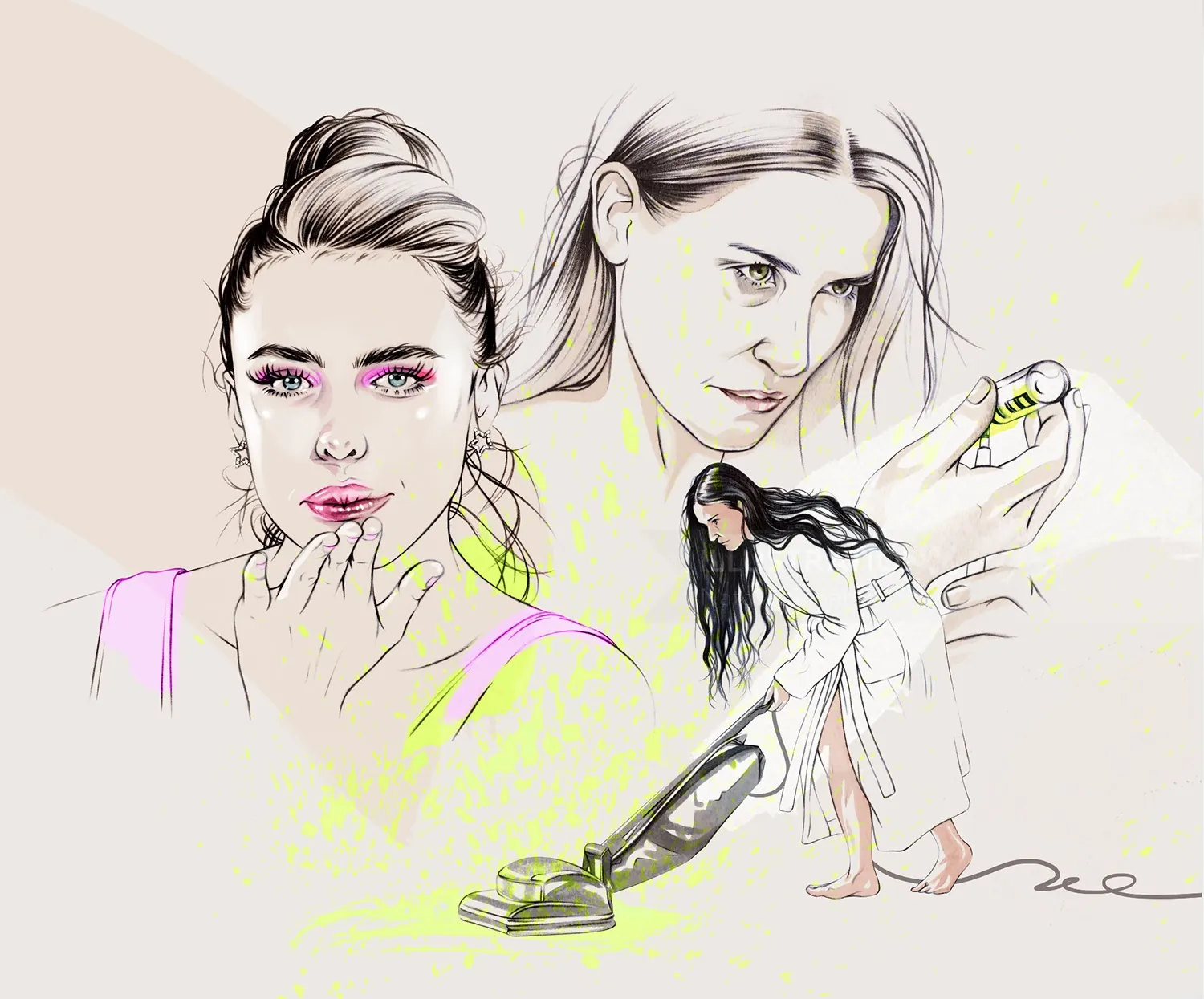 Illustration of three women from The Substance movie by Natalia Sanabria