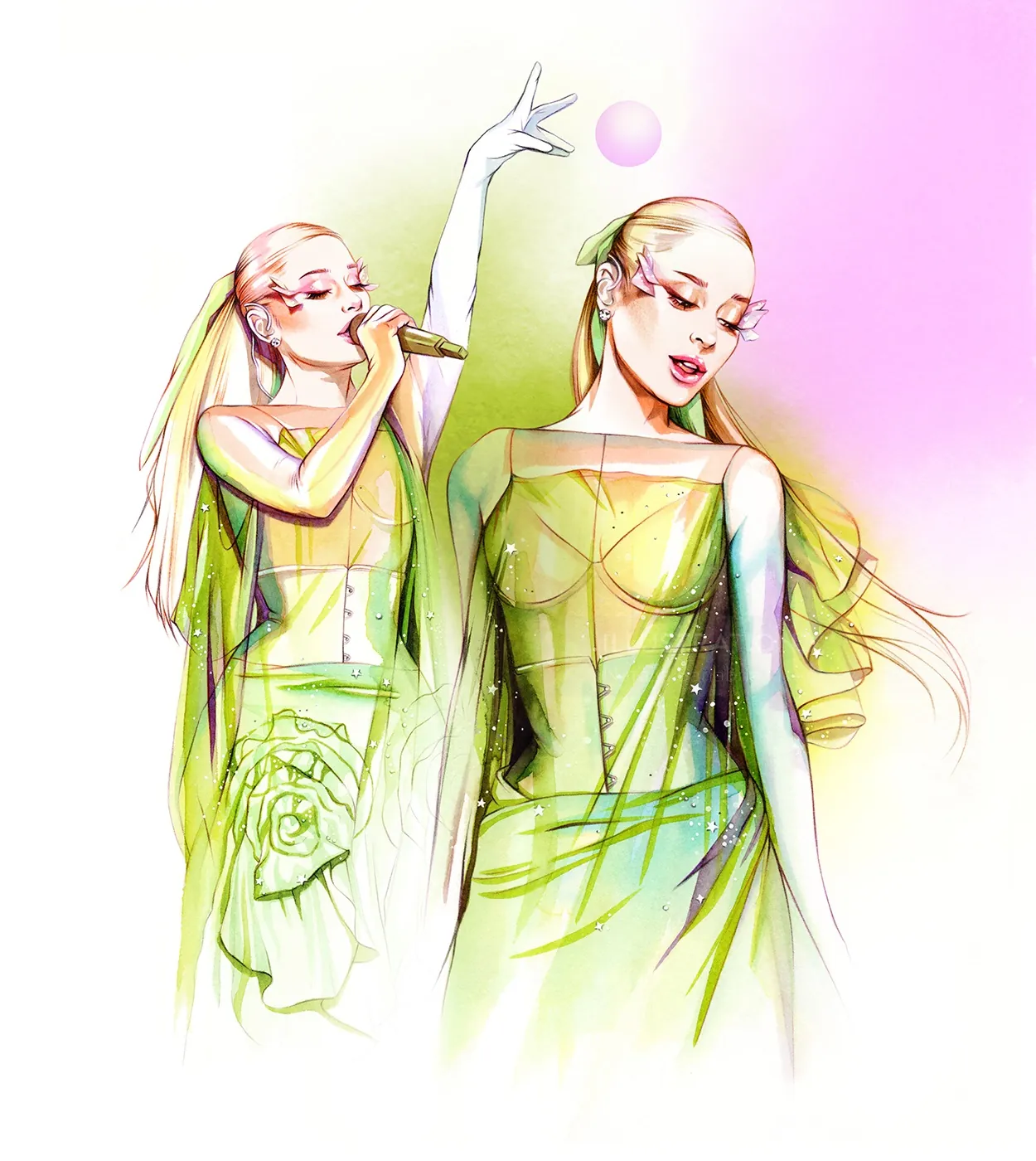 Illustration of Ariana Grande singing by Natalia Sanabria