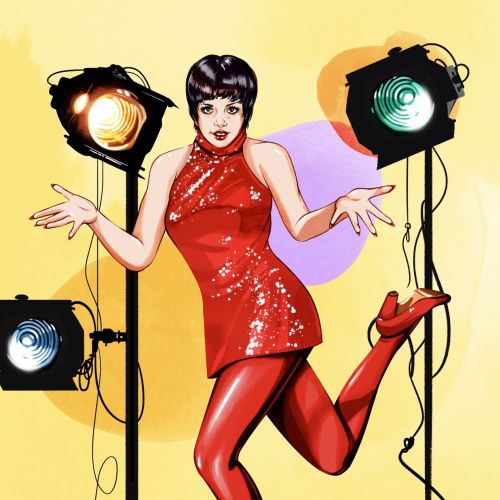 Woman in red dress posing with studio lights by Natalia Sanabria