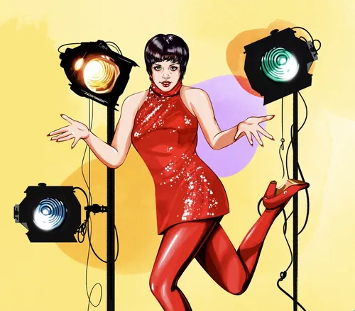 Woman in red dress posing with studio lights by Natalia Sanabria