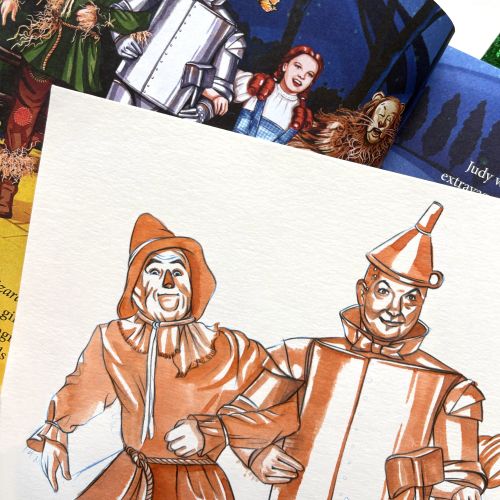 Illustration of The Scarecrow, Tin Man, and Dorothy from The Wizard of Oz by Natalia Sanabria