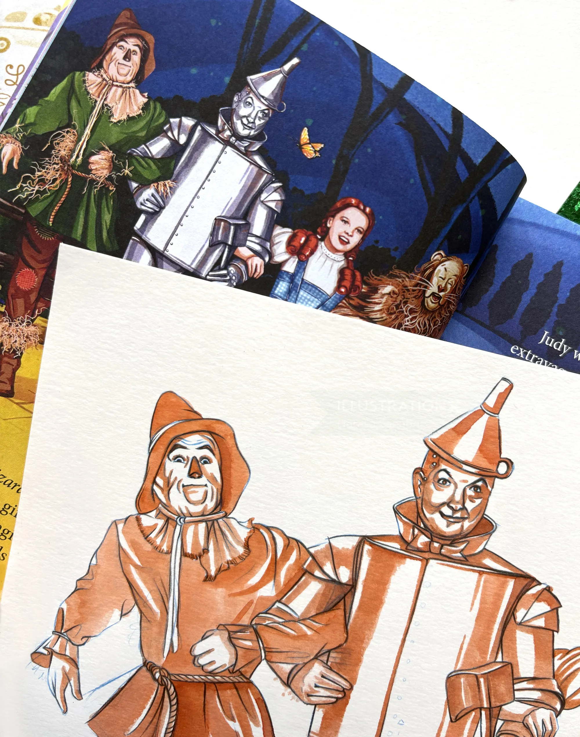 Illustration of The Scarecrow, Tin Man, and Dorothy from The Wizard of Oz by Natalia Sanabria