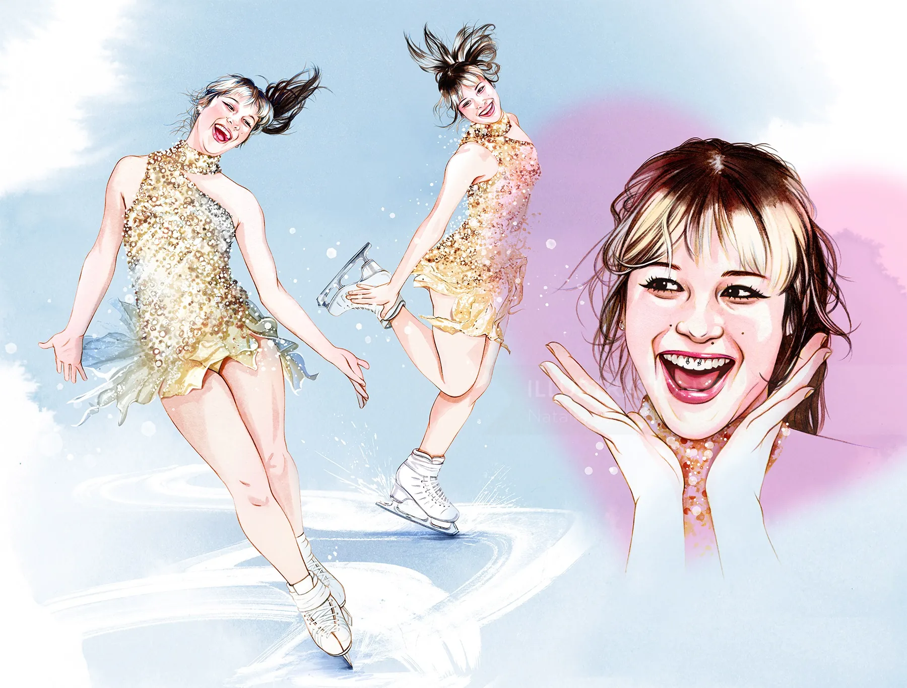 Illustration of Alysa Liu figure skating at the Olympics by Natalia Sanabria