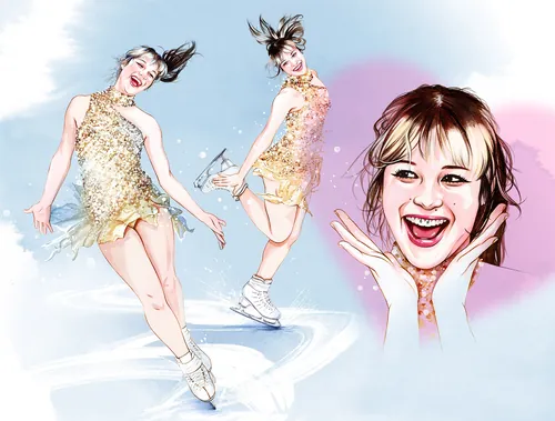 Illustration of Alysa Liu figure skating at the Olympics by Natalia Sanabria