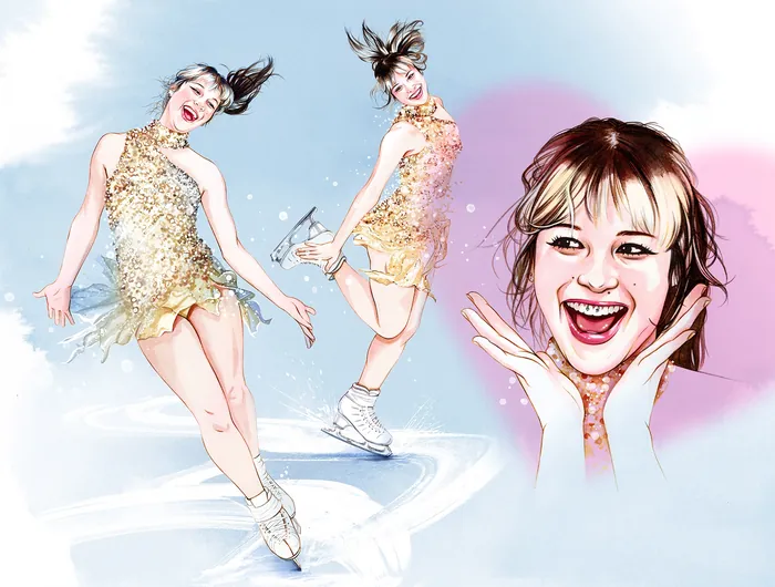 Illustration of Alysa Liu figure skating at the Olympics by Natalia Sanabria