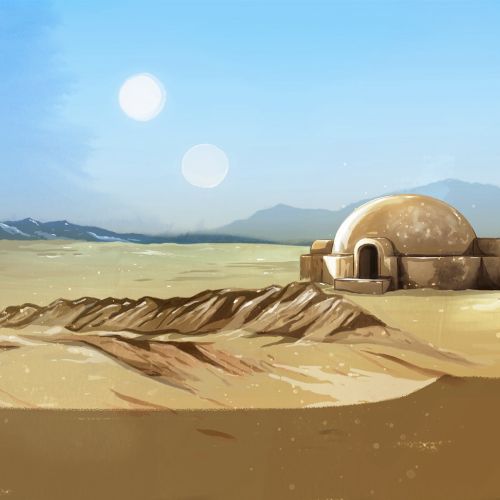 Desert landscape with twin suns and dome house by Natalia Sanabria