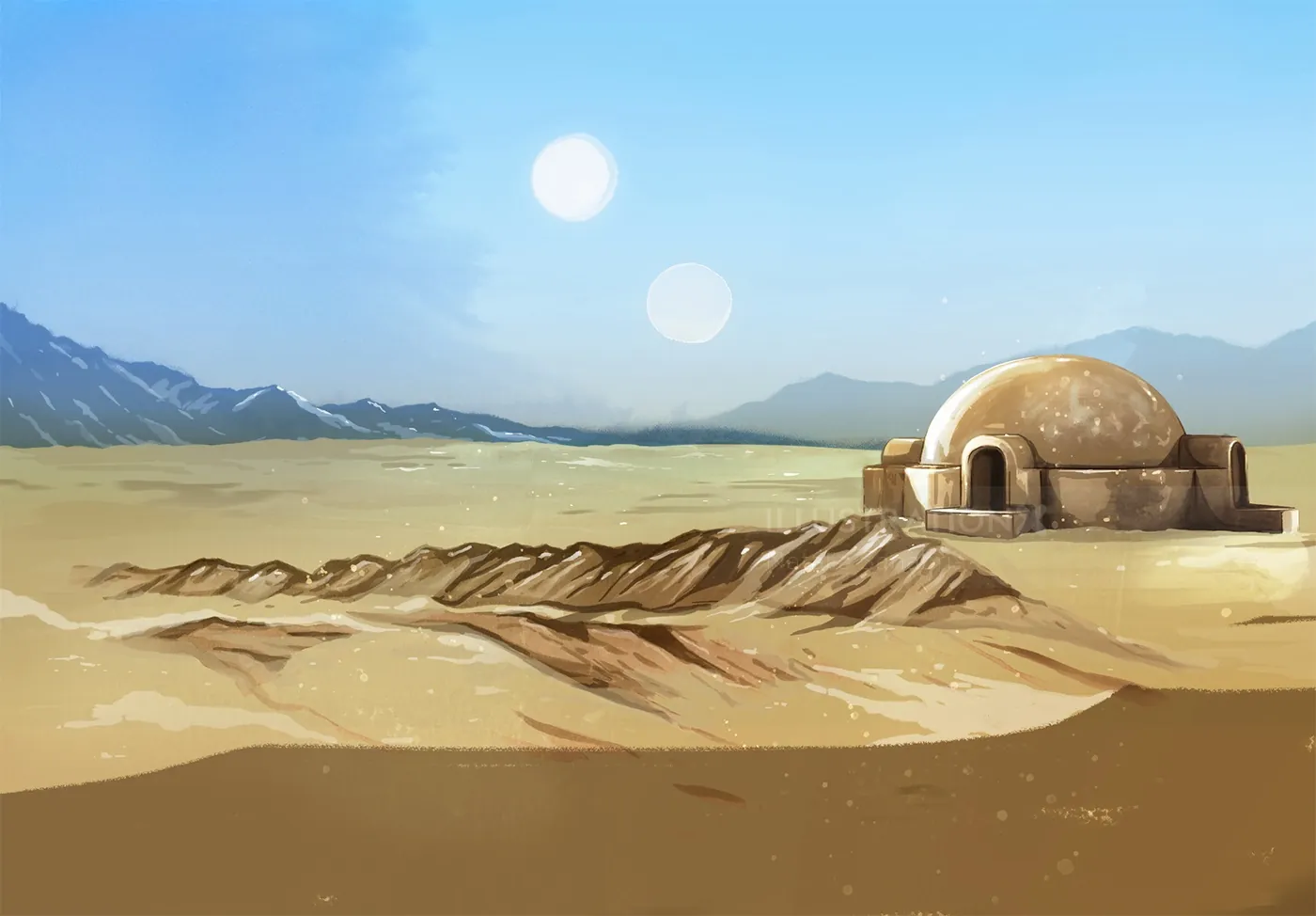Desert landscape with twin suns and dome house by Natalia Sanabria