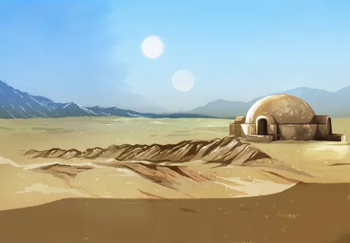 Desert landscape with twin suns and dome house by Natalia Sanabria
