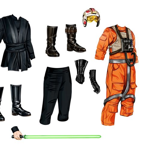 Illustration of Luke Skywalker's costumes and accessories by Natalia Sanabria