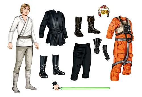 Illustration of Luke Skywalker's costumes and accessories by Natalia Sanabria