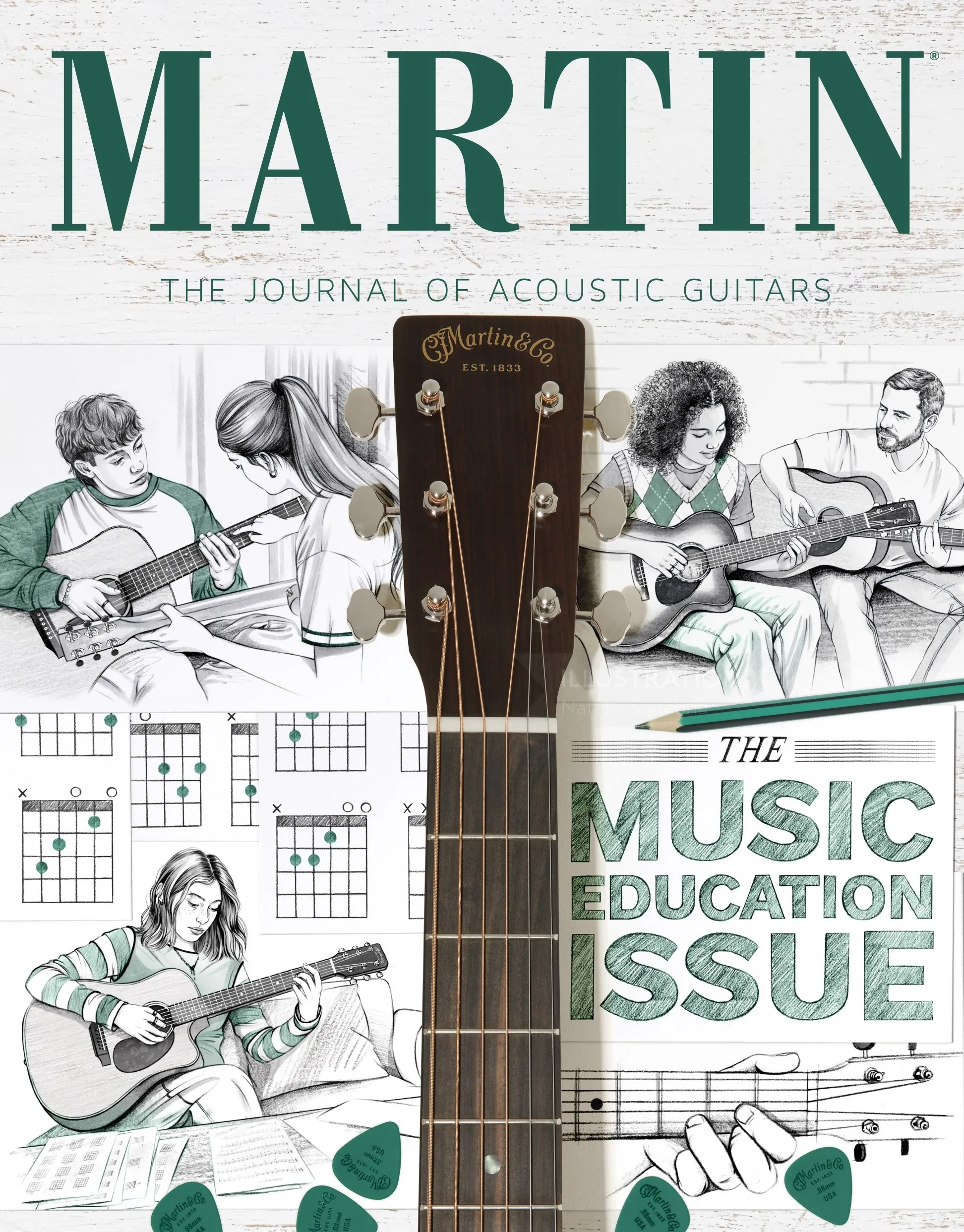 Ilustração de pessoas tocando violão com um cabeçote de violão Martin, por Natalia Sanabria