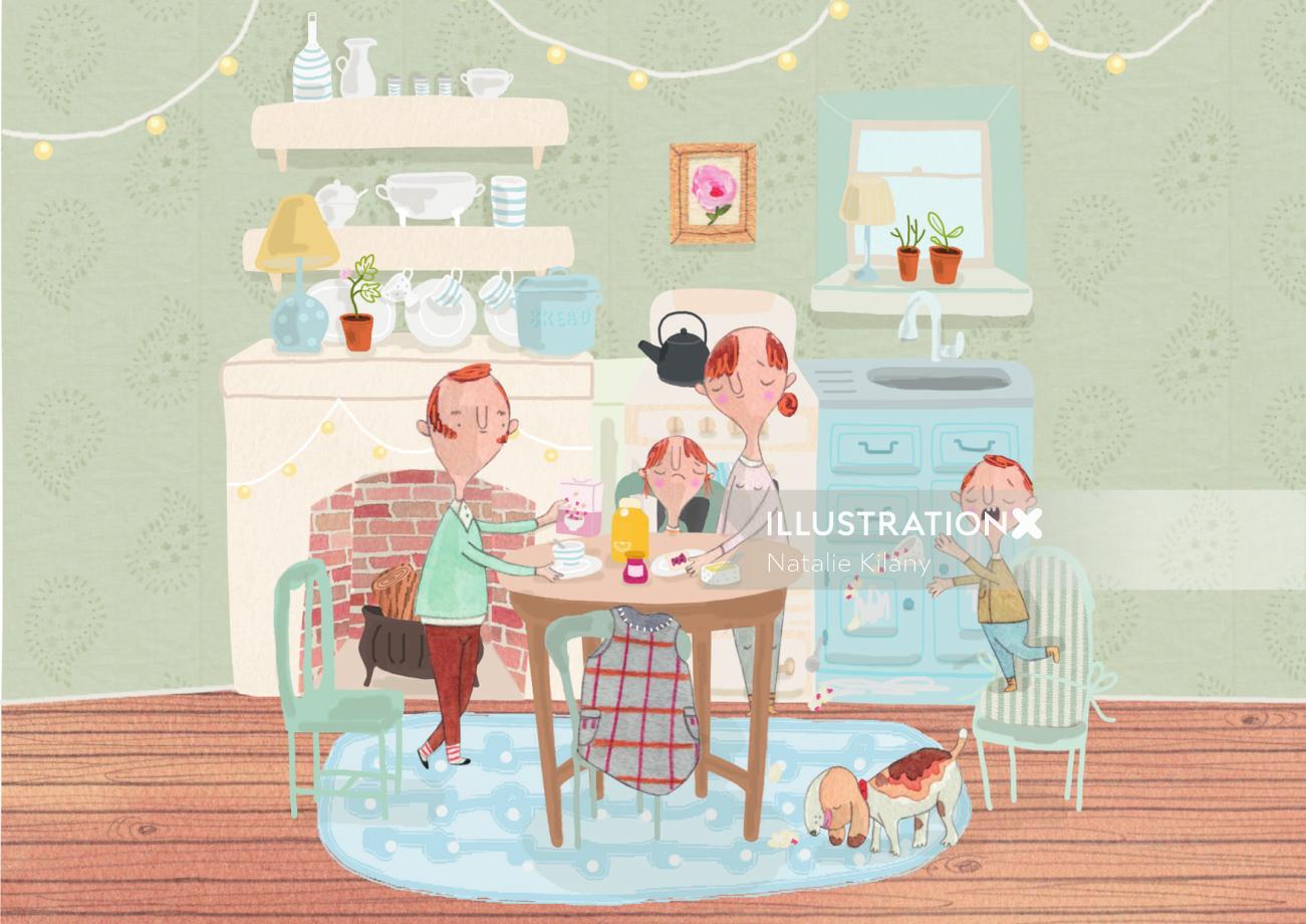 Peinture de la scène du petit déjeuner en famille