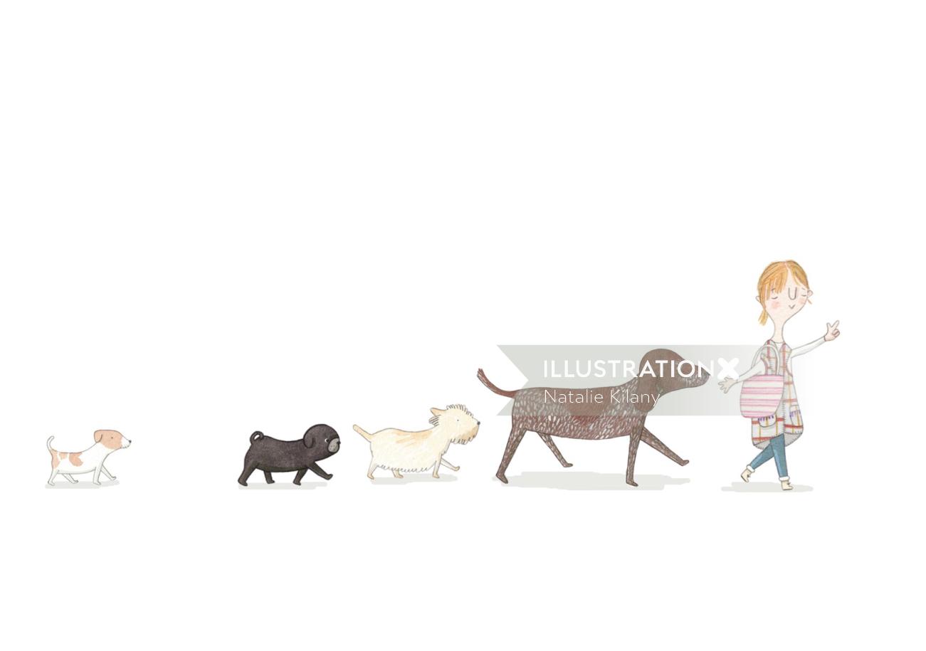 Beautiful hand drawing of woman walking with pets 