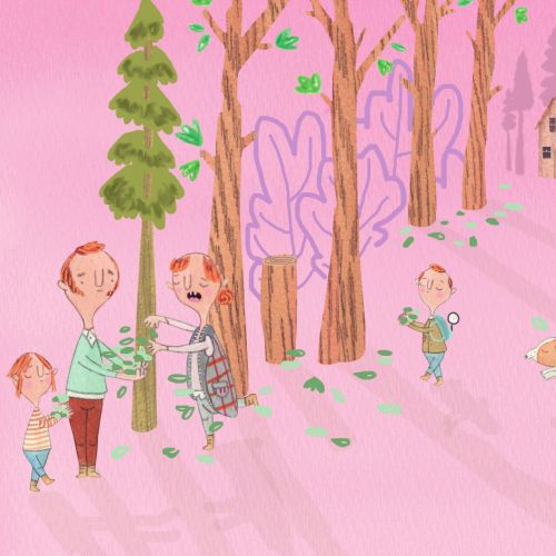 Illustration of family collecting leaves at picnic