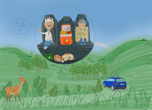 Family travelling in a car at countryside