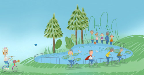 Illustration of people in a park for children's book