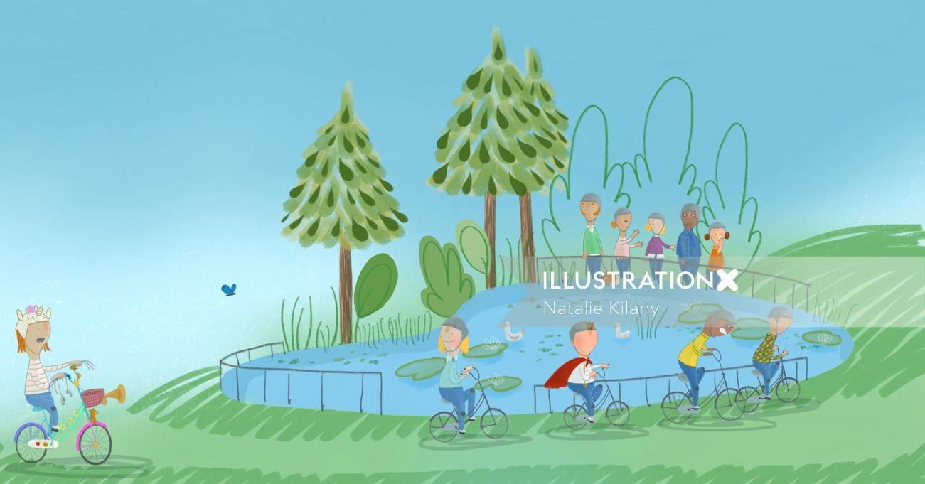Illustration of people in a park for children's book